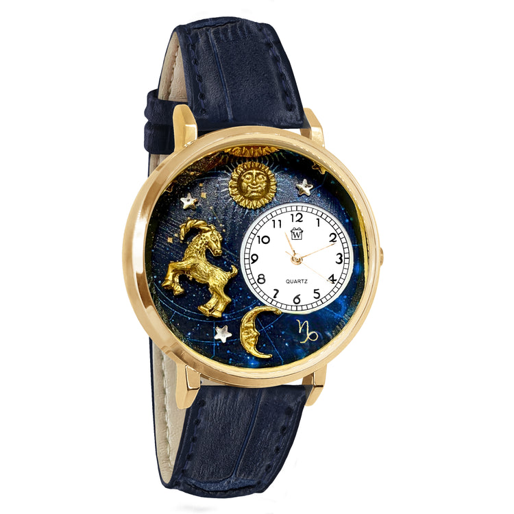 Whimsical Gifts | Capricorn Zodiac 3D Watch Large Style | Handmade in USA | Zodiac & Celestial |  | Novelty Unique Fun Miniatures Gift | Gold Finish Navy Blue Leather Watch Band