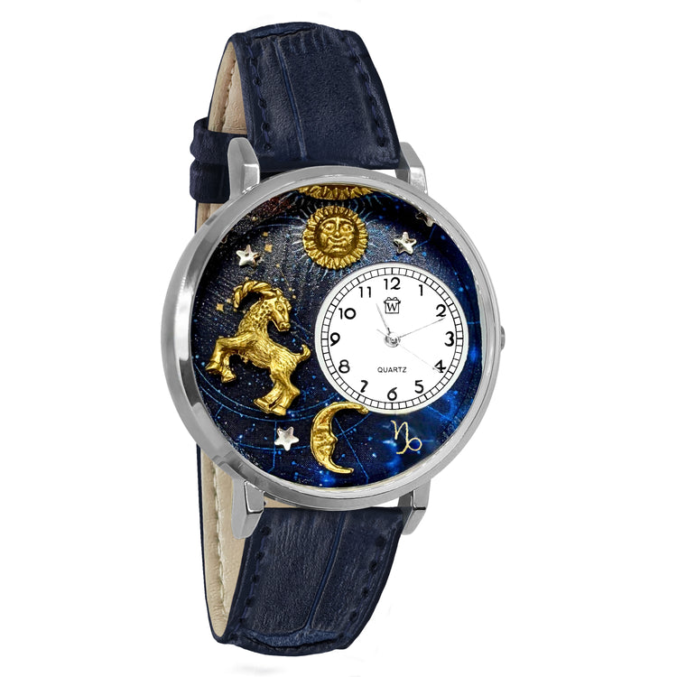 Whimsical Gifts | Capricorn Zodiac 3D Watch Large Style | Handmade in USA | Zodiac & Celestial |  | Novelty Unique Fun Miniatures Gift | Silver Finish Navy Blue Leather Watch Band