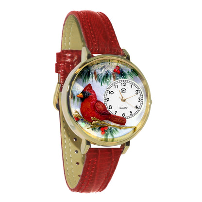 Whimsical Gifts | Cardinal 3D Watch Large Style | Handmade in USA | Animal Lover | Outdoor & Garden | Novelty Unique Fun Miniatures Gift | Gold Finish Red Leather Watch Band