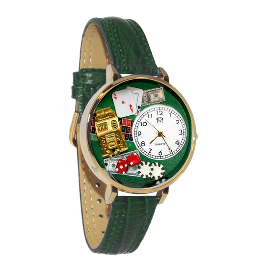 Whimsical Gifts | Casino Slot Machine 3D Watch Large Style | Handmade in USA | Hobbies & Special Interests | Casino & Gaming | Novelty Unique Fun Miniatures Gift | Gold Finish Green Leather Watch Band