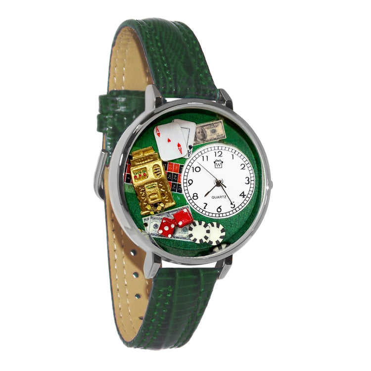 Whimsical Gifts | Casino Slot Machine 3D Watch Large Style | Handmade in USA | Hobbies & Special Interests | Casino & Gaming | Novelty Unique Fun Miniatures Gift | Silver Finish Green Leather Watch Band