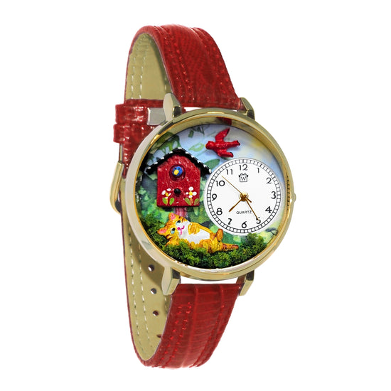 Whimsical Gifts | Cat Bird Daydream 3D Watch Large Style | Handmade in USA | Animal Lover | Cat Lover | Novelty Unique Fun Miniatures Gift | Gold Finish Red Leather Watch Band