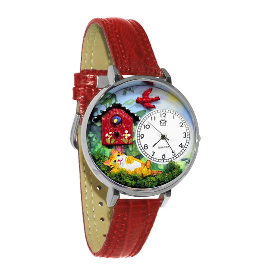 Whimsical Gifts | Cat Bird Daydream 3D Watch Large Style | Handmade in USA | Animal Lover | Cat Lover | Novelty Unique Fun Miniatures Gift | Silver Finish Red Leather Watch Band