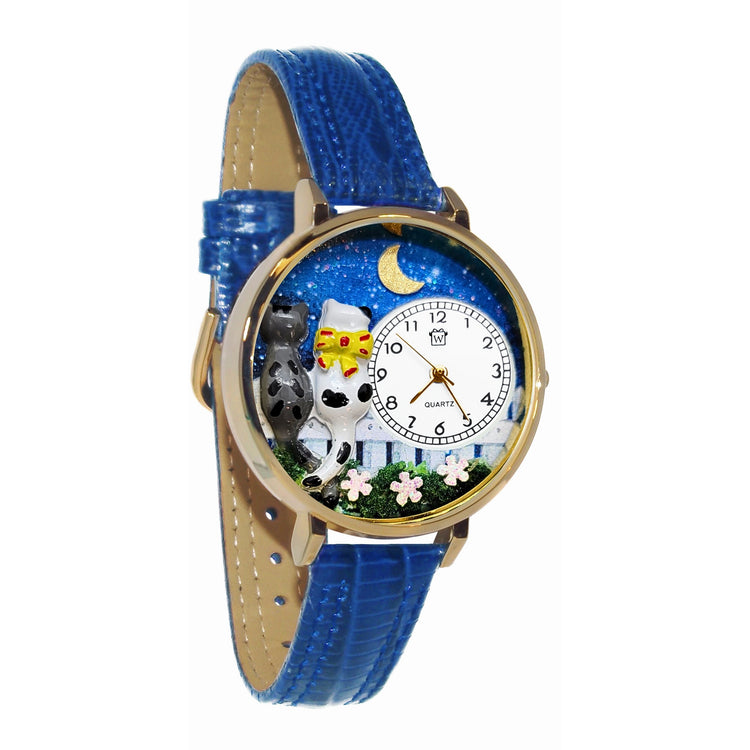 Whimsical Gifts | Cats Nights Out 3D Watch Large Style | Handmade in USA | Animal Lover | Cat Lover | Novelty Unique Fun Miniatures Gift | Gold Finish Royal Blue Leather Watch Band