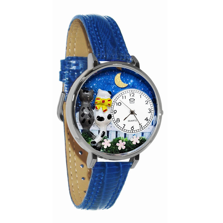 Whimsical Gifts | Cats Nights Out 3D Watch Large Style | Handmade in USA | Animal Lover | Cat Lover | Novelty Unique Fun Miniatures Gift | Silver Finish Royal Blue Leather Watch Band