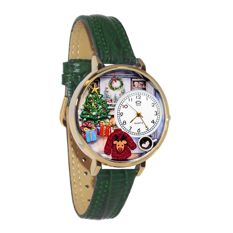 Whimsical Gifts | Christmas Morning 3D Watch Large Style | Handmade in USA | Holiday & Seasonal Themed | Christmas | Novelty Unique Fun Miniatures Gift | Gold Finish Green Leather Band