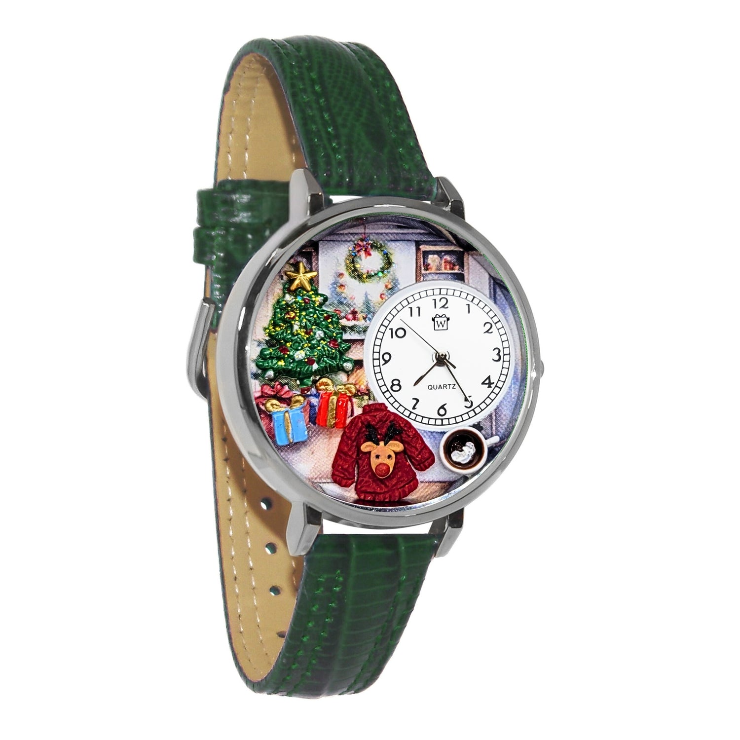 Whimsical Gifts | Christmas Morning 3D Watch Large Style | Handmade in USA | Holiday & Seasonal Themed | Christmas | Novelty Unique Fun Miniatures Gift | Silver Finish Green Leather Band