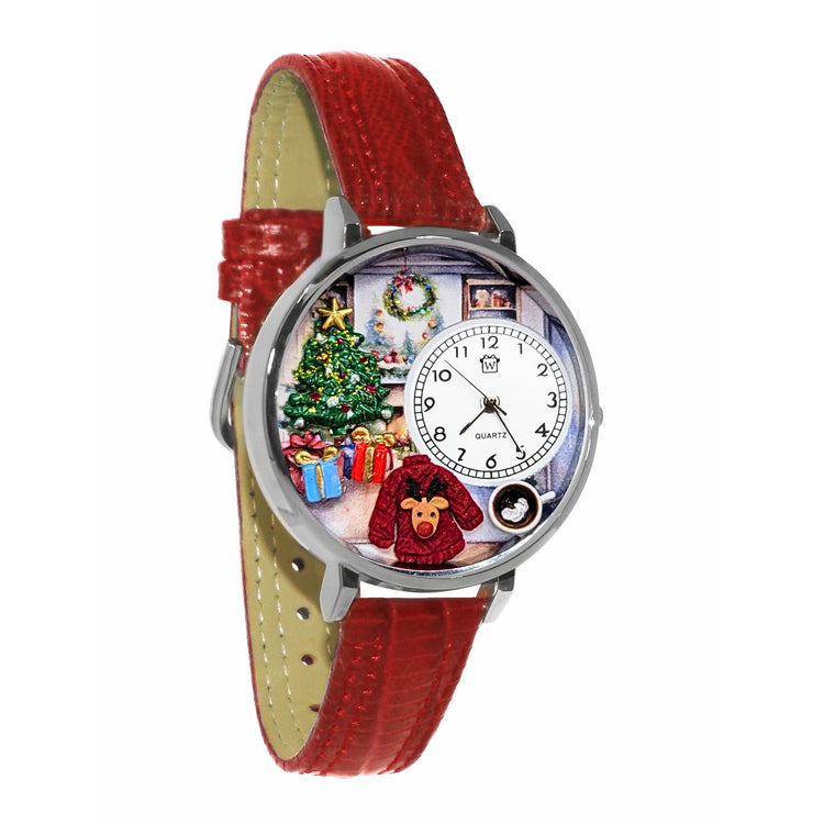 Whimsical Gifts | Christmas Morning 3D Watch Large Style | Handmade in USA | Holiday & Seasonal Themed | Christmas | Novelty Unique Fun Miniatures Gift | Silver Finish Red Leather Band