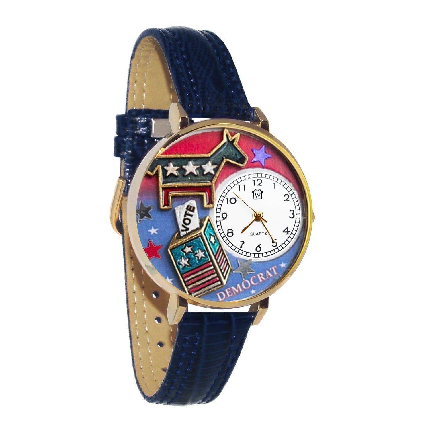 Whimsical Gifts | Democrat 3D Watch Large Style | Handmade in USA | Patriotic |  | Novelty Unique Fun Miniatures Gift | Gold Finish Navy Blue Leather Watch Band
