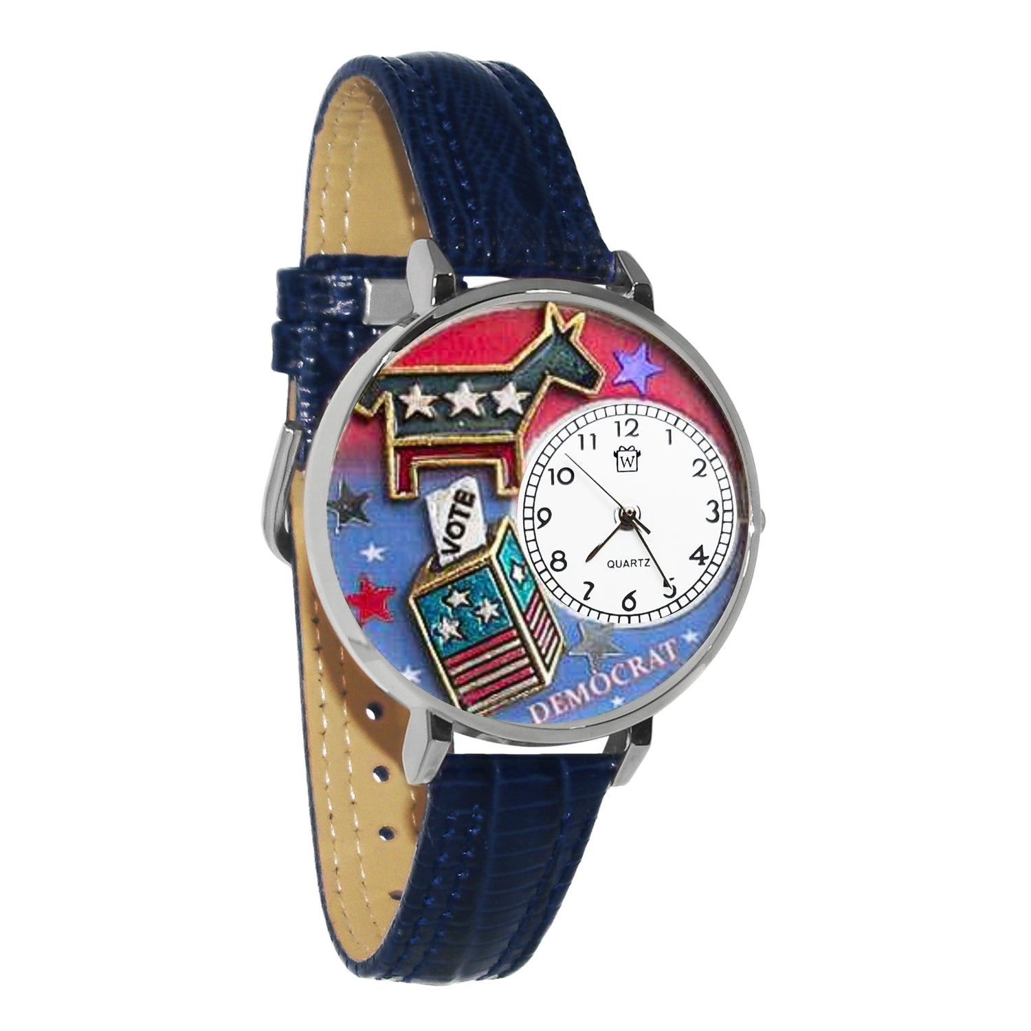 Whimsical Gifts | Democrat 3D Watch Large Style | Handmade in USA | Patriotic |  | Novelty Unique Fun Miniatures Gift | Silver Finish Navy Blue Leather Watch Band