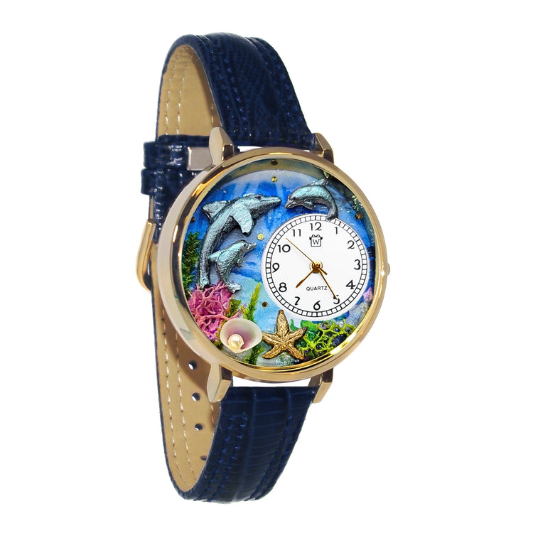 Whimsical Gifts | Dolphin 3D Watch Large Style | Handmade in USA | Animal Lover | Zoo & Sealife | Novelty Unique Fun Miniatures Gift | Gold Finish Navy Blue Leather Watch Band