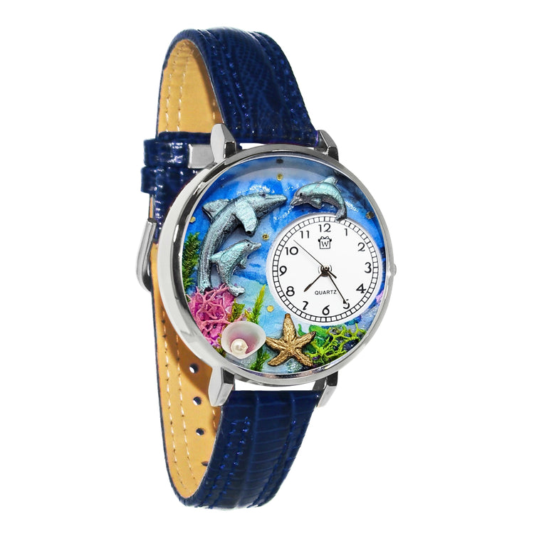 Whimsical Gifts | Dolphin 3D Watch Large Style | Handmade in USA | Animal Lover | Zoo & Sealife | Novelty Unique Fun Miniatures Gift | Silver Finish Navy Blue Leather Watch Band