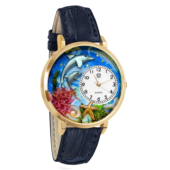Whimsical Gifts | Dolphin 3D Watch Large Style | Handmade in USA | Animal Lover | Zoo & Sealife | Novelty Unique Fun Miniatures Gift | Gold Finish Navy Blue Leather Watch Band