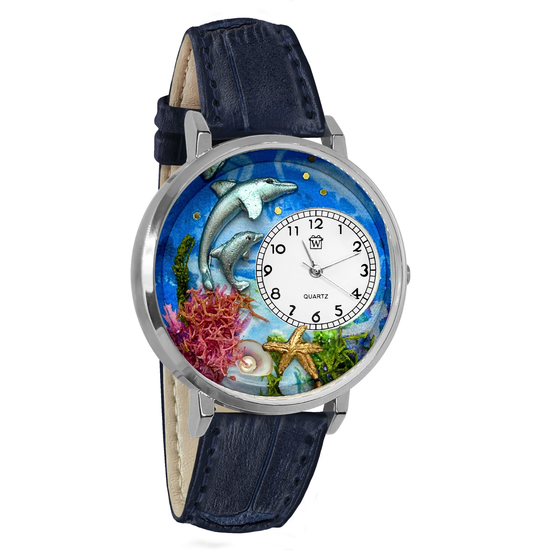 Whimsical Gifts | Dolphin 3D Watch Large Style | Handmade in USA | Animal Lover | Zoo & Sealife | Novelty Unique Fun Miniatures Gift | Silver Finish Navy Blue Leather Watch Band