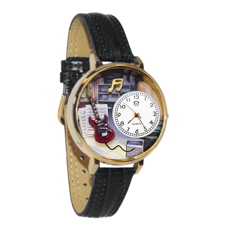 Whimsical Gifts | Electric Guitar 3D Watch Large Style | Handmade in USA | Hobbies & Special Interests | Music | Novelty Unique Fun Miniatures Gift | Gold Finish Black Leather Watch Band