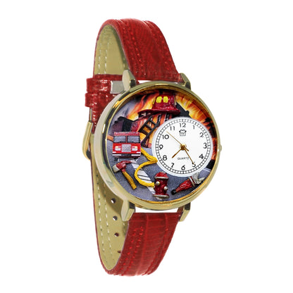Whimsical Gifts | Firefighter 3D Watch Large Style | Handmade in USA | Professions Themed | First Responders | Novelty Unique Fun Miniatures Gift | Gold Finish Red Leather Watch Band