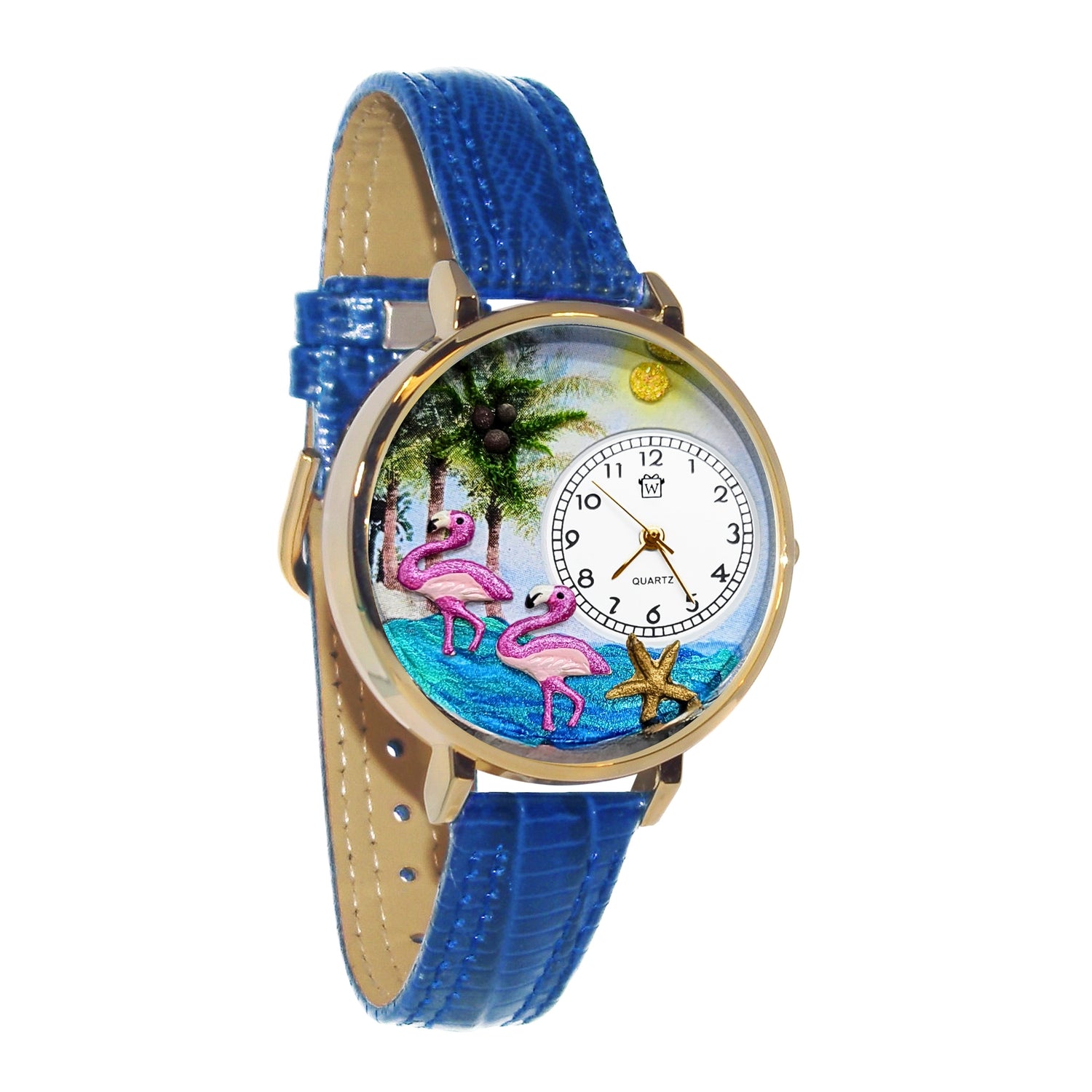 Whimsical Gifts | Flamingo 3D Watch Large Style | Handmade in USA | Holiday & Seasonal Themed | Spring & Summer Fun | Novelty Unique Fun Miniatures Gift | Gold Finish Blue Leather Watch Band