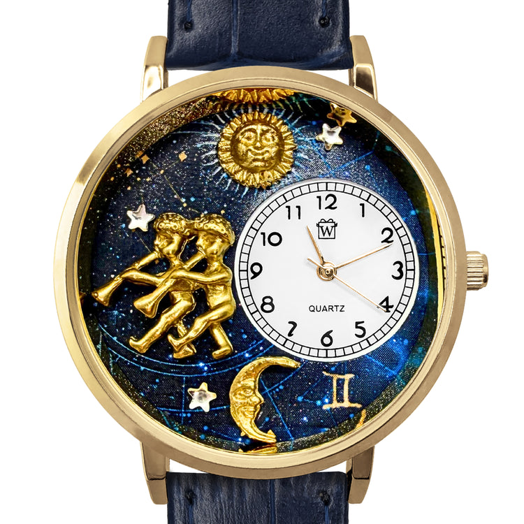 Whimsical Gifts | Gemini Zodiac 3D Watch Large Style | Handmade in USA | Zodiac & Celestial |  | Novelty Unique Fun Miniatures Gift | Gold Finish