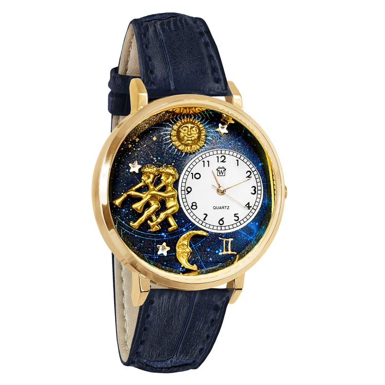 Whimsical Gifts | Gemini Zodiac 3D Watch Large Style | Handmade in USA | Zodiac & Celestial |  | Novelty Unique Fun Miniatures Gift | Gold Finish Navy Blue Leather Watch Band