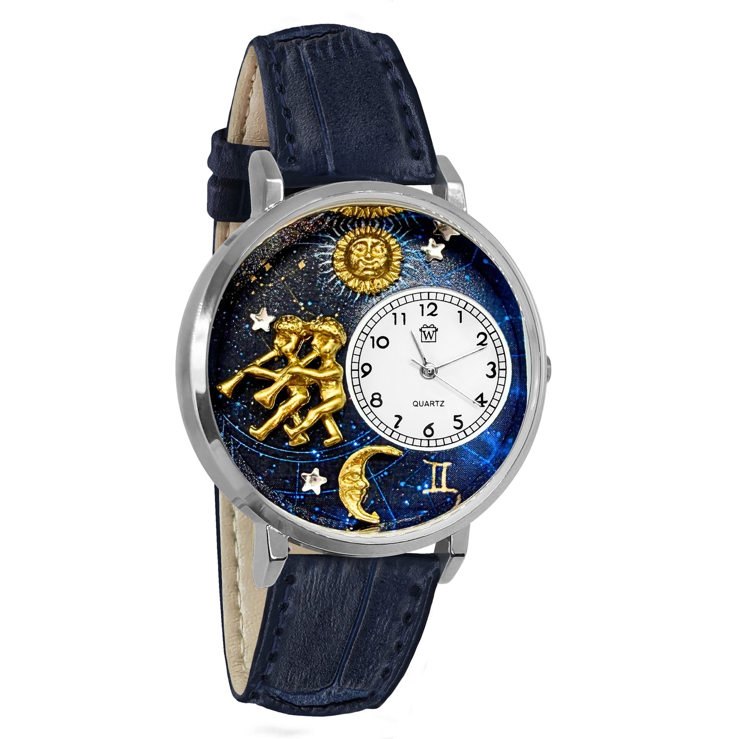 Whimsical Gifts | Gemini Zodiac 3D Watch Large Style | Handmade in USA | Zodiac & Celestial |  | Novelty Unique Fun Miniatures Gift | Silver Finish Navy Blue Leather Watch Band