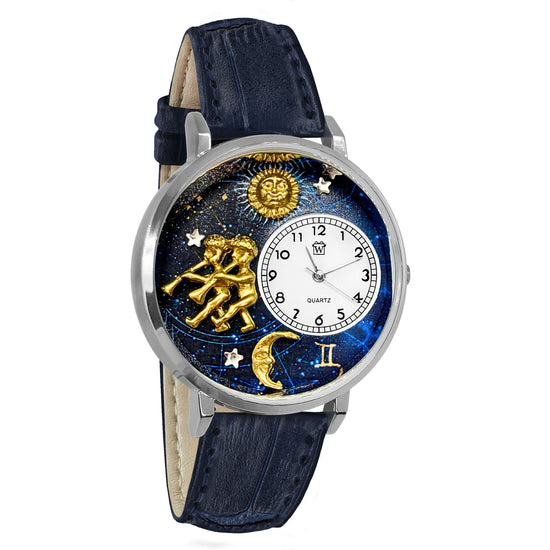 Whimsical Gifts | Gemini Zodiac 3D Watch Large Style | Handmade in USA | Zodiac & Celestial |  | Novelty Unique Fun Miniatures Gift | Silver Finish Navy Blue Leather Watch Band
