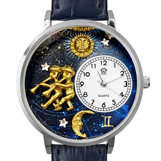 Whimsical Gifts | Gemini Zodiac 3D Watch Large Style | Handmade in USA | Zodiac & Celestial |  | Novelty Unique Fun Miniatures Gift | Silver Finish
