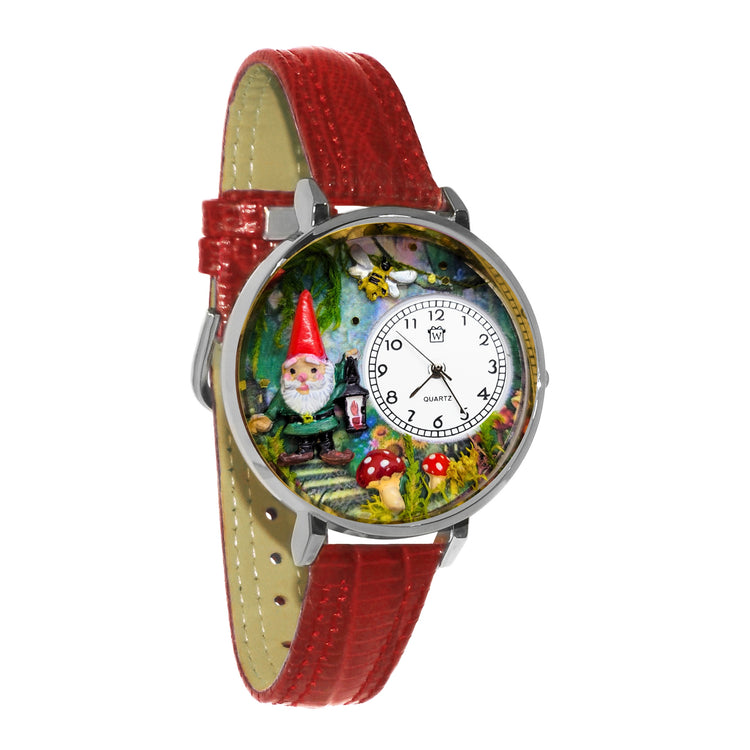 Whimsical Gifts | Gnome 3D Watch Large Style | Handmade in USA | Fantasy & Mystical | | Novelty Unique Fun Miniatures Gift | Silver Finish Red Leather Watch Band