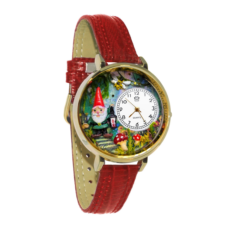 Whimsical Gifts | Gnome  3D Watch Large Style | Handmade in USA | Fantasy & Mystical |  | Novelty Unique Fun Miniatures Gift | Gold Finish Red Leather Watch Band