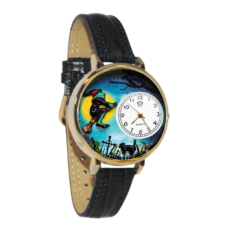 Whimsical Gifts | Flying Witch 3D Watch Large Style | Handmade in USA | Holiday & Seasonal Themed | Halloween | Novelty Unique Fun Miniatures Gift | Gold Finish Black Leather Watch Band