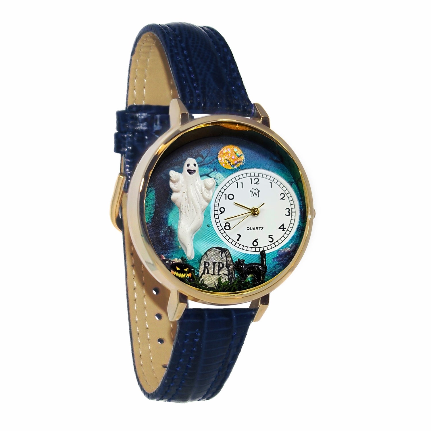 Whimsical Gifts | Halloween Ghost 3D Watch Large Style | Handmade in USA | Holiday & Seasonal Themed | Halloween | Novelty Unique Fun Miniatures Gift | Gold Finish Blue Leather Watch Band