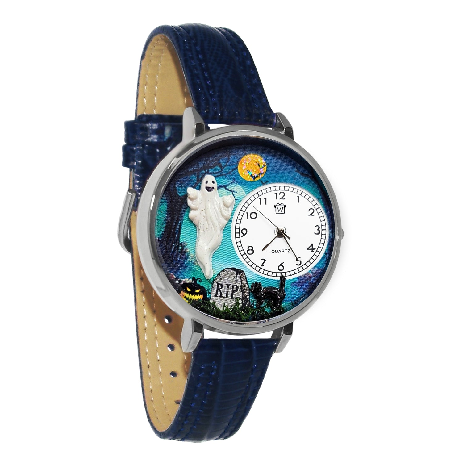 Whimsical Gifts | Halloween Ghost 3D Watch Large Style | Handmade in USA | Holiday & Seasonal Themed | Halloween | Novelty Unique Fun Miniatures Gift | Silver Finish Blue Leather Watch Band