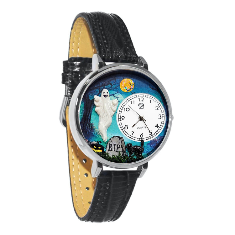 Whimsical Gifts | Halloween Ghost 3D Watch Large Style | Handmade in USA | Holiday & Seasonal Themed | Halloween | Novelty Unique Fun Miniatures Gift | Silver Finish Black Leather Watch Band