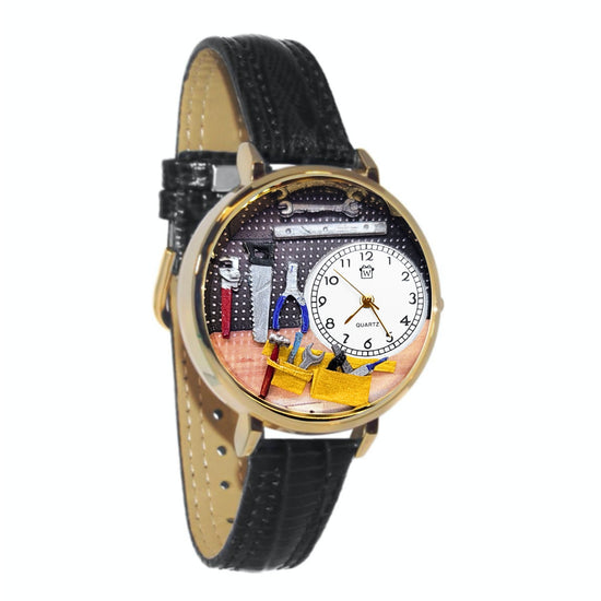 Whimsical Gifts | Handyman 3D Watch Large Style | Handmade in USA | Professions Themed | Trades | Novelty Unique Fun Miniatures Gift | Gold Finish Black Leather Watch Band
