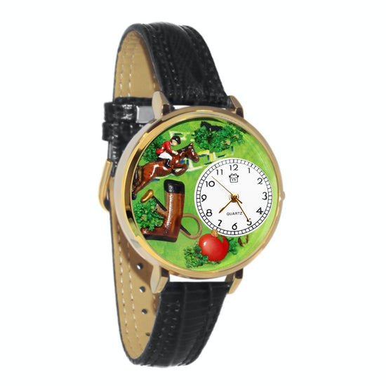 Whimsical Gifts | Horse Jumping Competition Equestrian 3D Watch Large Style | Handmade in USA | Animal Lover | Horse & Equestrian | Novelty Unique Fun Miniatures Gift | Gold Finish Black Leather Watch Band
