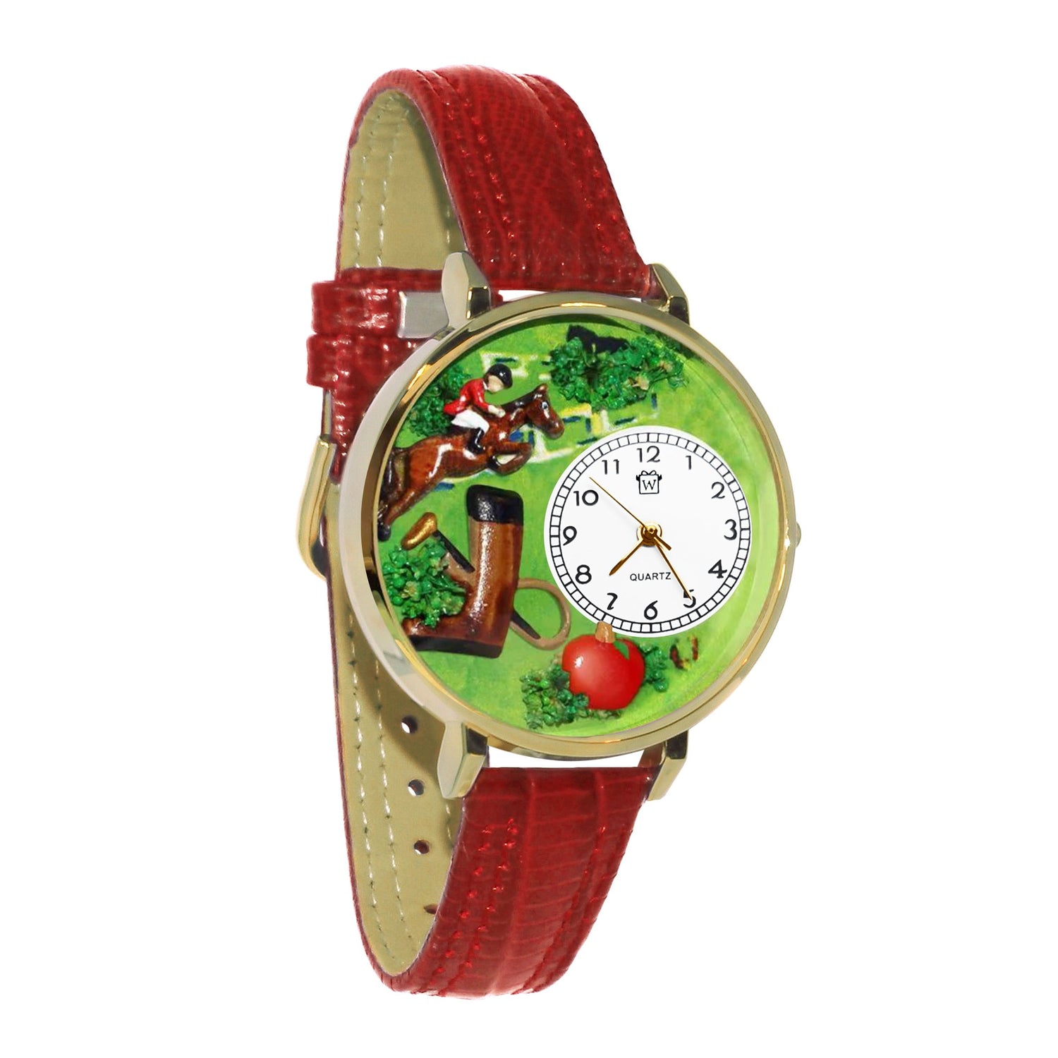 Whimsical Gifts | Horse Jumping Competition Equestrian 3D Watch Large Style | Handmade in USA | Animal Lover | Horse & Equestrian | Novelty Unique Fun Miniatures Gift | Gold Finish Red Leather Watch Band