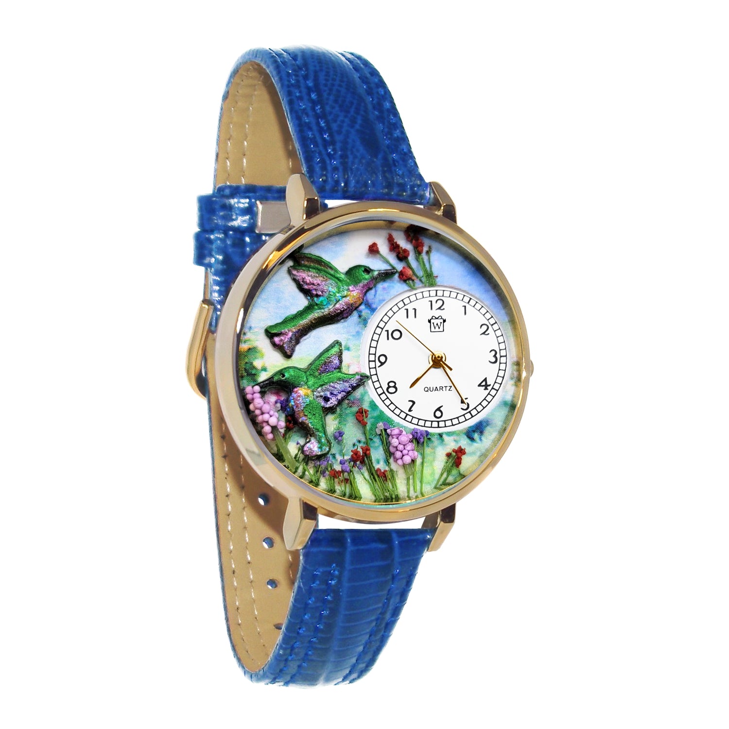 Whimsical Gifts | Hummingbirds 3D Watch Large Style | Handmade in USA | Animal Lover | Outdoor & Garden | Novelty Unique Fun Miniatures Gift | Gold Finish Royal Blue Leather Watch Band