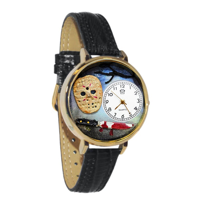 Whimsical Gifts | Halloween Jason Mask 3D Watch Large Style | Handmade in USA | Holiday & Seasonal Themed | Halloween | Novelty Unique Fun Miniatures Gift | Gold Finish Black Leather Watch Band