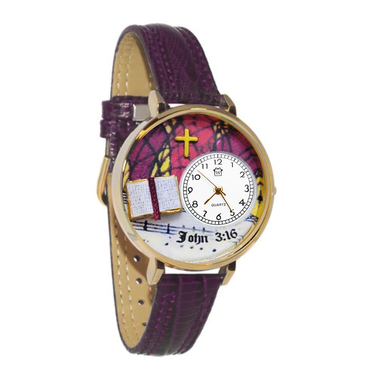 Whimsical Gifts | John 3:16 3D Watch Large Style | Handmade in USA | Religious & Spiritual |  | Novelty Unique Fun Miniatures Gift | Gold Finish Purple Leather Watch Band