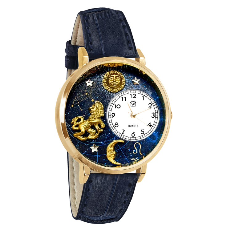 Whimsical Gifts | Leo Zodiac 3D Watch Large Style | Handmade in USA | Zodiac & Celestial |  | Novelty Unique Fun Miniatures Gift | Gold Finish Navy Blue Leather Watch Band