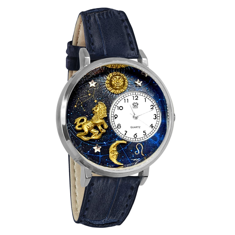 Whimsical Gifts | Leo Zodiac 3D Watch Large Style | Handmade in USA | Zodiac & Celestial |  | Novelty Unique Fun Miniatures Gift | Silver Finish Navy Blue Leather Watch Band