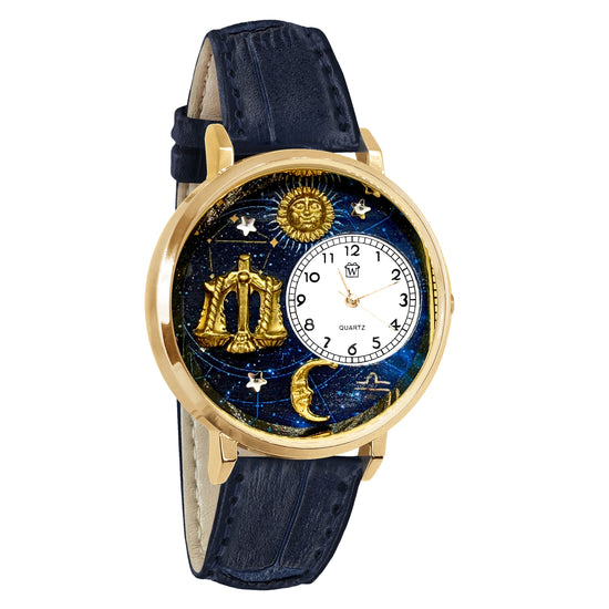 Whimsical Gifts | Libra Zodiac 3D Watch Large Style | Handmade in USA | Zodiac & Celestial |  | Novelty Unique Fun Miniatures Gift | Gold Finish Navy Blue Leather Watch Band