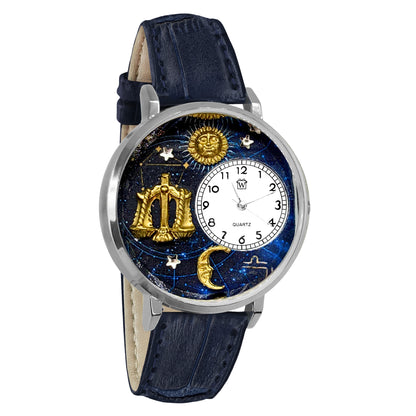 Whimsical Gifts | Libra Zodiac 3D Watch Large Style | Handmade in USA | Zodiac & Celestial |  | Novelty Unique Fun Miniatures Gift | Silver Finish Navy Blue Leather Watch Band