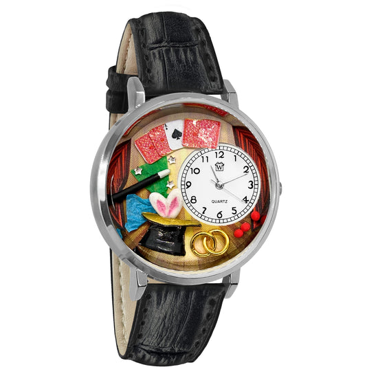 Whimsical Gifts | Magic 3D Watch Large Style | Handmade in USA | Hobbies & Special Interests | Arts & Performance | Novelty Unique Fun Miniatures Gift | Silver Finish Black Leather Watch Band
