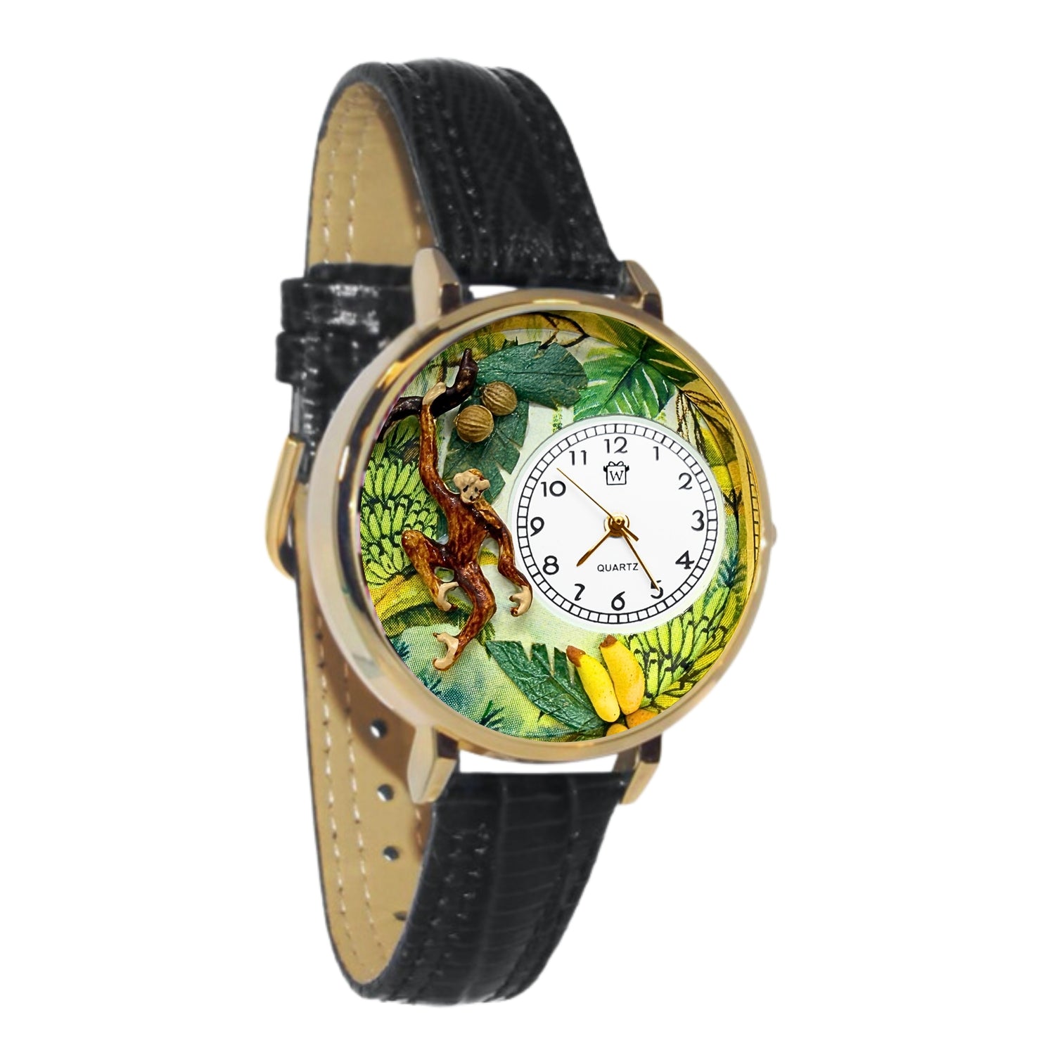 Whimsical Gifts | Monkey 3D Watch Large Style | Handmade in USA | Animal Lover | Zoo & Sealife | Novelty Unique Fun Miniatures Gift | Gold Finish Black Leather Watch Band