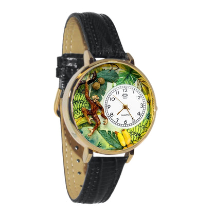 Whimsical Gifts | Monkey 3D Watch Large Style | Handmade in USA | Animal Lover | Zoo & Sealife | Novelty Unique Fun Miniatures Gift | Gold Finish Black Leather Watch Band