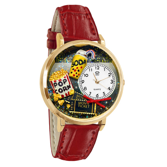 Whimsical Gifts | Movie Lover 3D Watch Large Style | Handmade in USA | Hobbies & Special Interests | Arts & Performance | Novelty Unique Fun Miniatures Gift | Gold Finish Red Leather Watch Band
