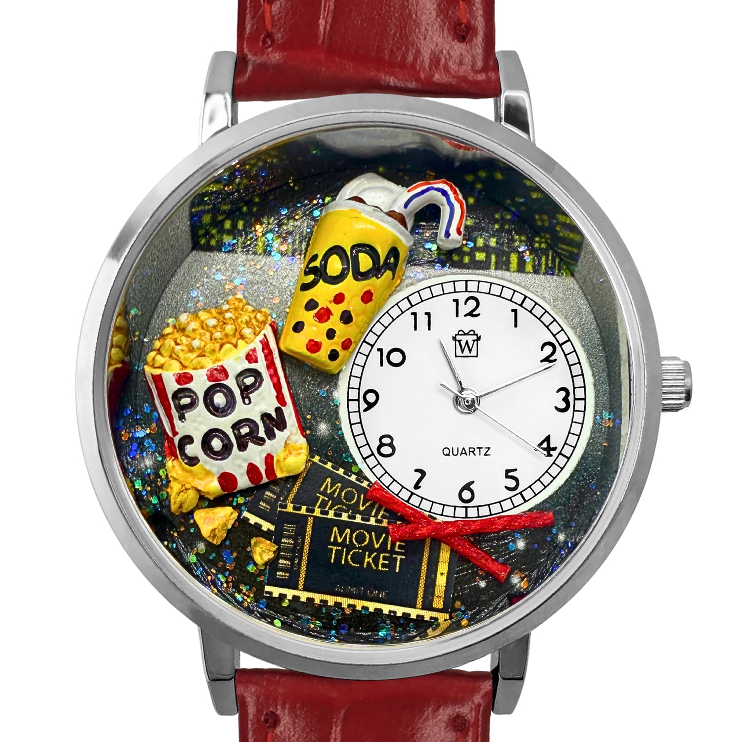 Whimsical Gifts | Movie Lover 3D Watch Large Style | Handmade in USA | Hobbies & Special Interests | Arts & Performance | Novelty Unique Fun Miniatures Gift | Silver Finish Red Leather Watch Band Front View