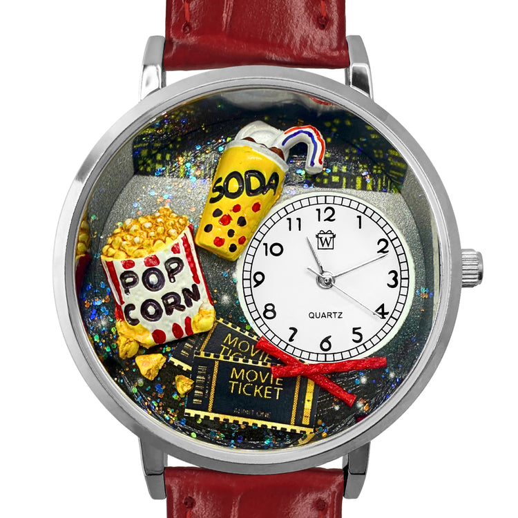 Whimsical Gifts | Movie Lover 3D Watch Large Style | Handmade in USA | Hobbies & Special Interests | Arts & Performance | Novelty Unique Fun Miniatures Gift | Silver Finish Red Leather Watch Band Front View