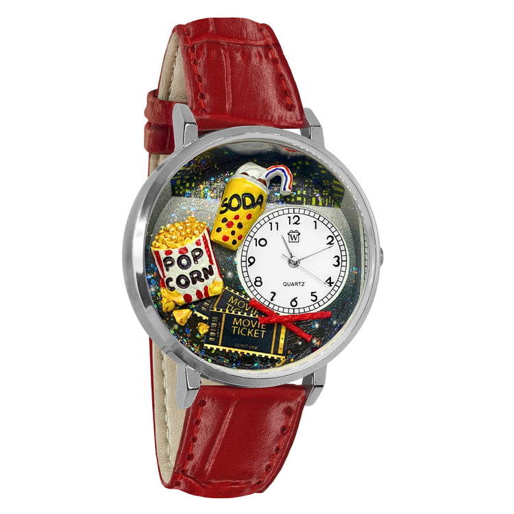 Whimsical Gifts | Movie Lover 3D Watch Large Style | Handmade in USA | Hobbies & Special Interests | Arts & Performance | Novelty Unique Fun Miniatures Gift | Silver Finish Red Leather Watch Band