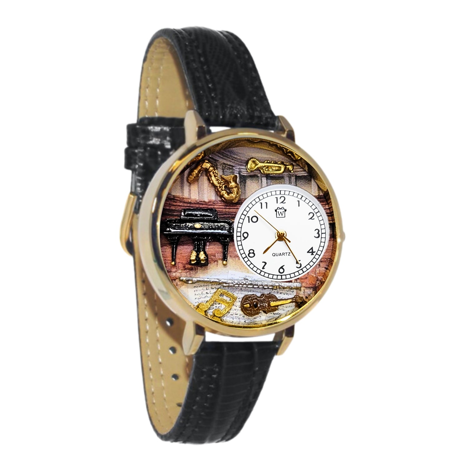 Whimsical Gifts | Music Teacher Musician 3D Watch Large Style | Handmade in USA | Professions Themed | Teacher | Novelty Unique Fun Miniatures Gift | Gold Finish Black Leather Watch Band